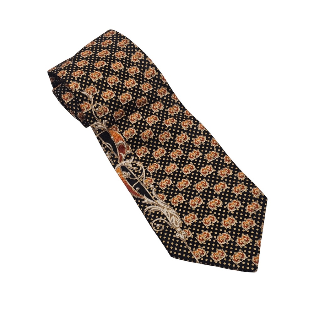 Vintage Vitaliano Pancaldi Silk Tie Black Gold Scrollwork Handmade Italy Luxury